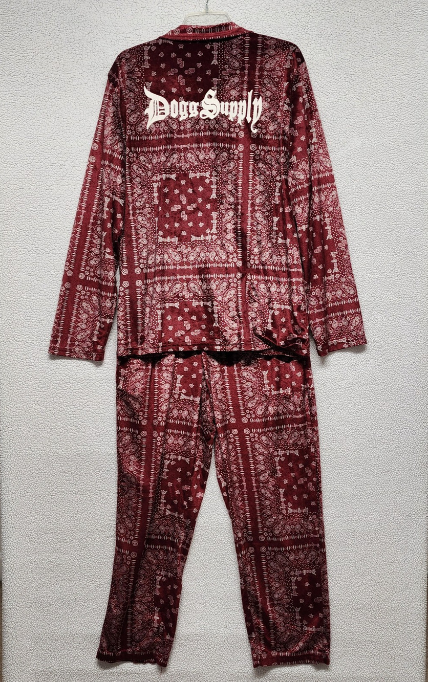 Snoop Dogg Mens Velour Pajamas Size L Maroon Paisley Long Sleeve Straight Leg